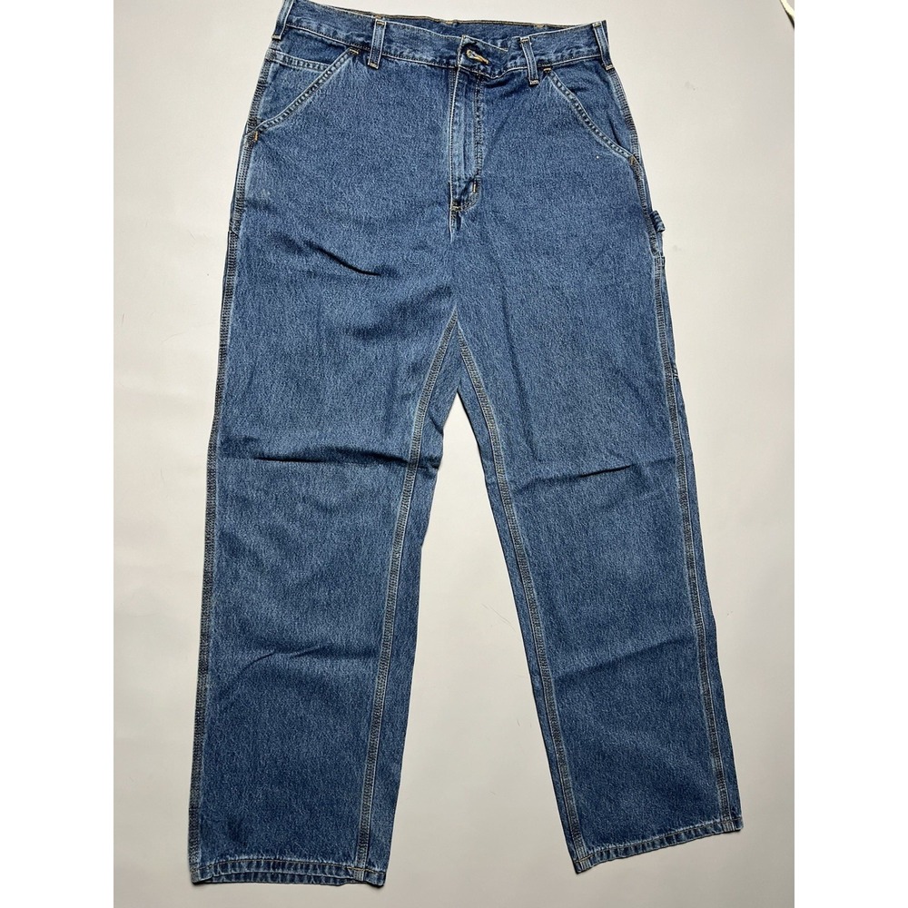 Carhartt Men's Blue Denim Jeans Straight Original Dungaree Fit Mid Rise 5-Pocket